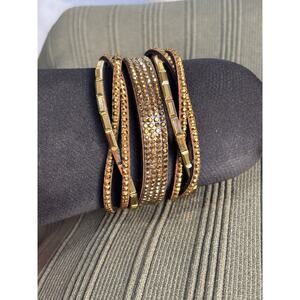 Women's Layered‎ Leather Bracelet with Gold Rhinestones Y2K BOHO Glam Retro